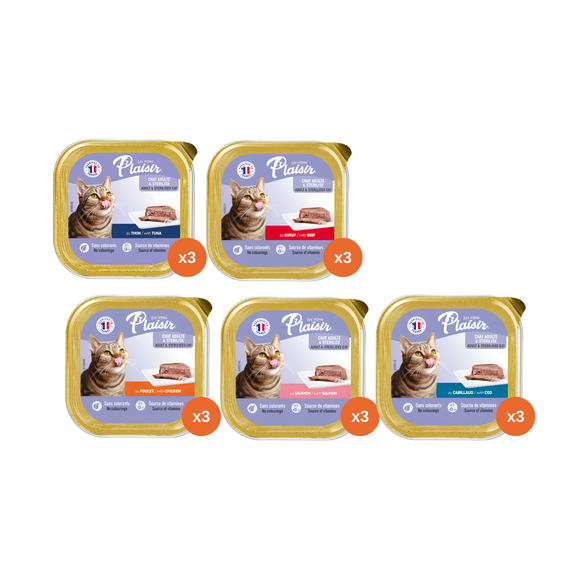 Plaisir Paté - Pack 15 envases - 5 sabores  - Húmedo Gatos