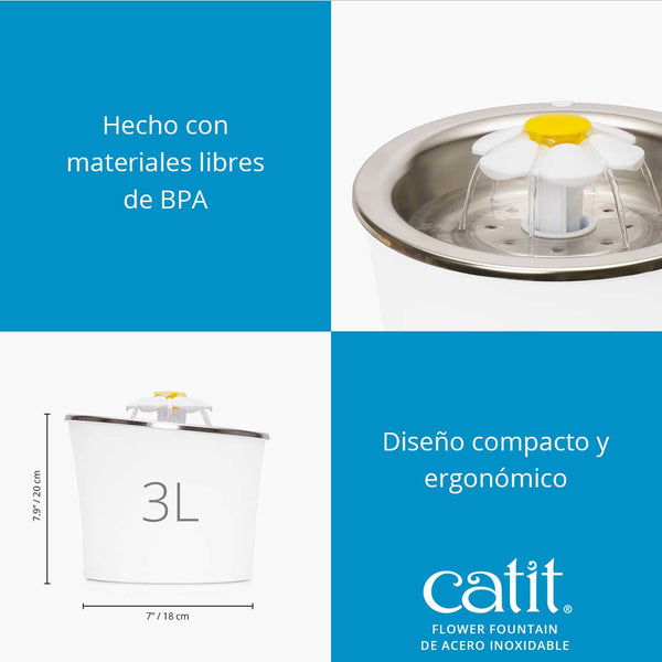 Fuente Bebedera Catit Flower Fountain de Acero Inoxidable 3 Litros